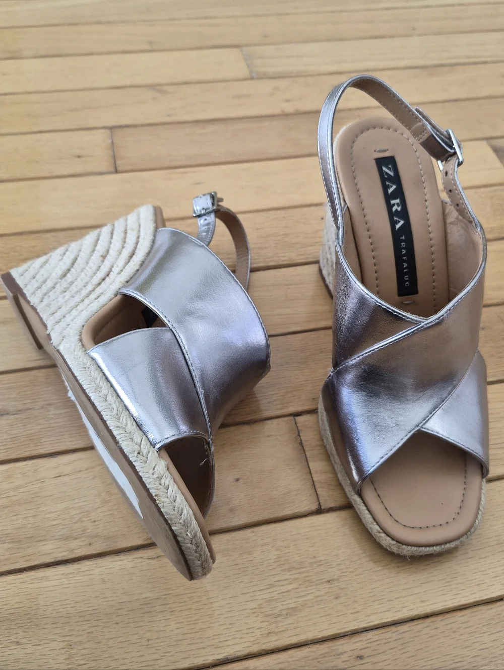 Zara TRF Metallic Silver Espadrille Wedge 37 Sandals Slingback Platform Mrtallic - Picture 5 of 15